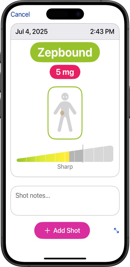 Pokii Add Shot screen with medication, dose, injection site, and pain slider