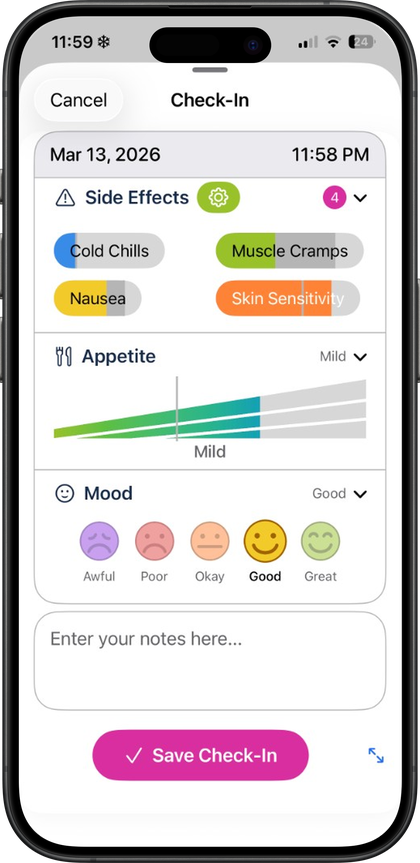 Pokii daily check-in for appetite, mood, and side effects