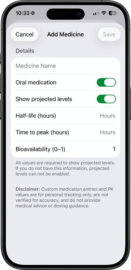 Pokii custom medication with projected levels