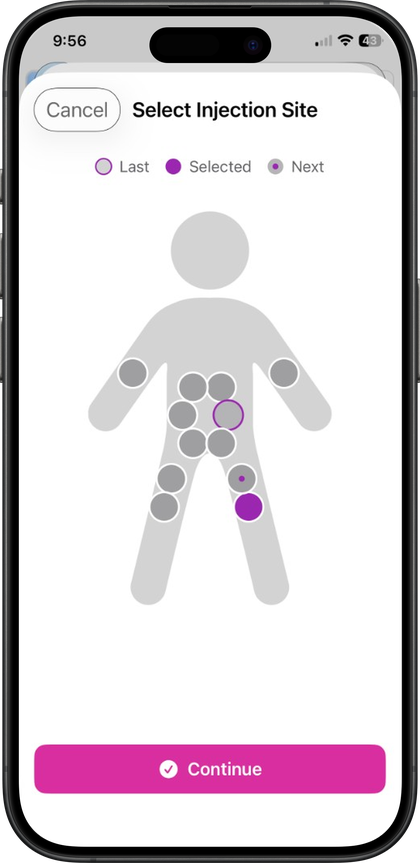Pokii Select Injection Site screen on shot day with Last, Selected, and Next markers