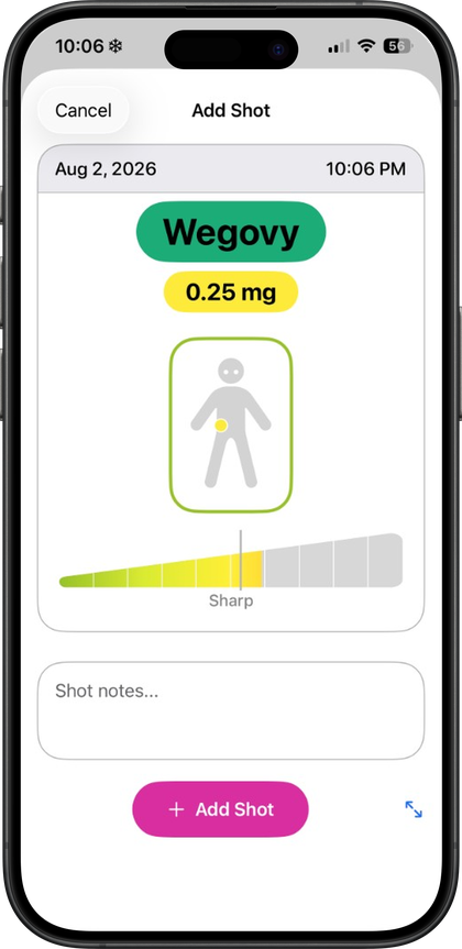Pokii Add Shot screen logging Wegovy 0.25 mg with injection site and pain slider