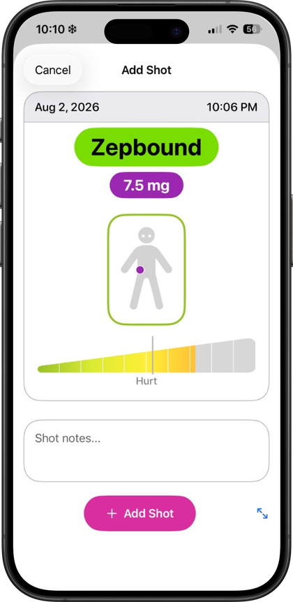 Pokii Add Shot screen logging Zepbound 7.5 mg with injection site and pain slider